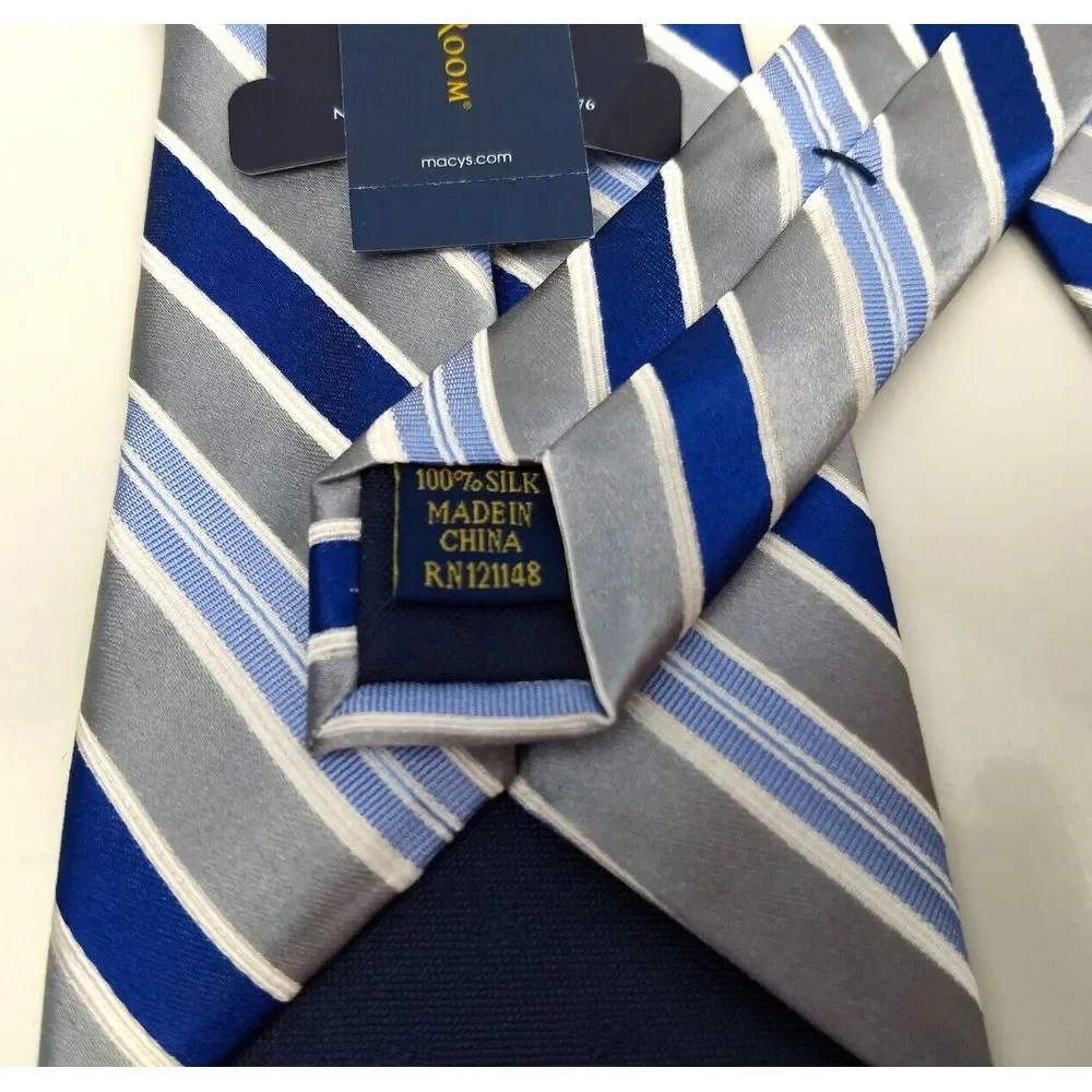 CLUB‎ ROOM 100% Silk Tie Estate Neckwear Seven Stripe Blue White Silver NWT